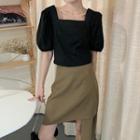 Balloon-sleeve Blouse / Asymmetric A-line Skirt