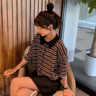 Elbow-sleeve Buttoned Striped Knit Top