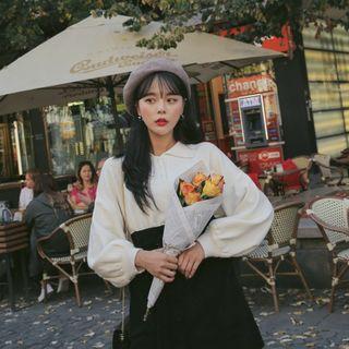 Collared Balloon-sleeve Knit Top