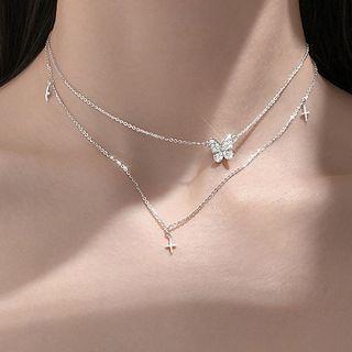 Rhinestone Butterfly Layered Choker Silver - One Size
