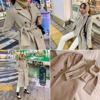 Wool Blend Double-breasted Coat With Scarf