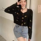 Floral Embroidered Puff-sleeve Cropped Corduroy Blouse