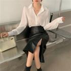 Plain Shirt / Slit Faux Leather Midi Pencil Skirt