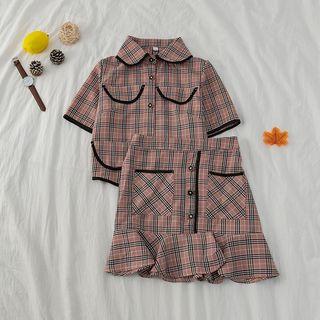 Set: Piped Short-sleeve Shirt + Button-front Ruffled Skirt