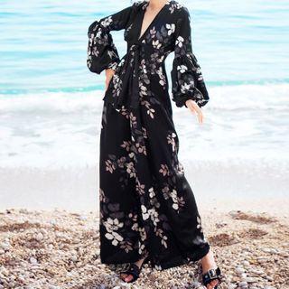 Flower Print Long-sleeve Long-sleeve Wide-leg Jumpsuit