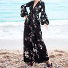 Flower Print Long-sleeve Long-sleeve Wide-leg Jumpsuit