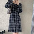 Square Neck Puff-sleeve Plaid Dress