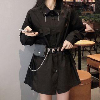 Set: Long-sleeve Chained A-line Mini Shirtdress + Belt