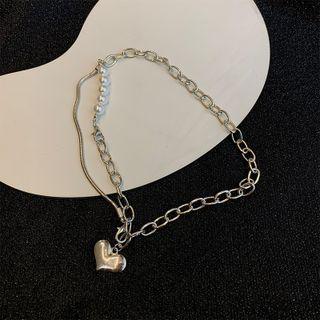 Heart Pendant Layered Alloy Choker 1 Pc - Silver - One Size