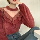 Lace Long-sleeve Knit Top Maroon - One Size