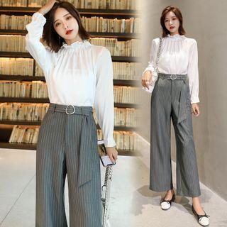 Set: Ruffled Blouse + Pinstriped Dress Pants