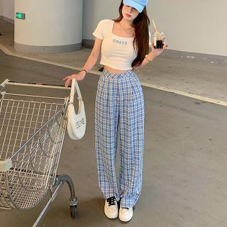 Plaid Wide-leg Pants / Short-sleeve Lettering Cropped T-shirt