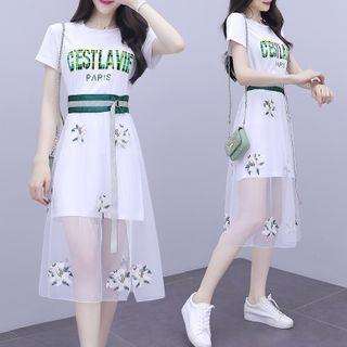 Set: Short-sleeve Lettering Print Mini T-shirt Dress + Floral Mesh Overlay Skirt