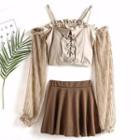Set: Long-sleeve Cold-shoulder Swim Top + Skirt