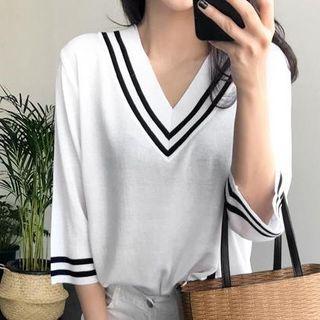 3/4-sleeve Contrast-trim Knit Top White - One Size