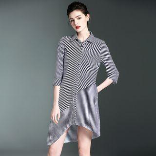 Patterned Elbow-sleeve Collared Dress