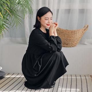 Shirred-waist Long Monotone Dress