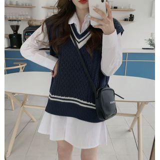 V-neck Knit Vest / Long-sleeve Plain Shirtdress