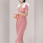 Short-sleeve Wide-collar Floral Print Midi Sheath Dress