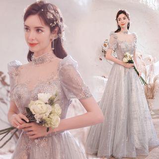Short-sleeve Sequined Lace Trim A-line Evening Gown