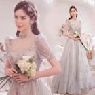 Short-sleeve Sequined Lace Trim A-line Evening Gown