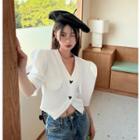 Puff-sleeve Heart Buttons Top White - One Size