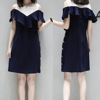 Short-sleeve Cold-shoulder Ruffle-trim Mini Shift Dress