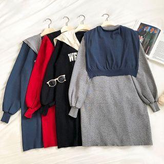 Lettering Printed Crewneck Long-sleeve Dress + Plain Cape