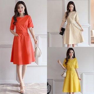 Plain A-line Dress With Belt