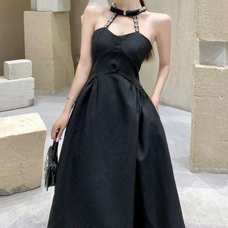 Halter Rhinestone Midi A-line Dress