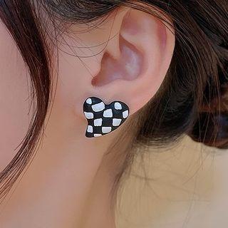 Checkerboard Heart Sterling Silver Ear Stud