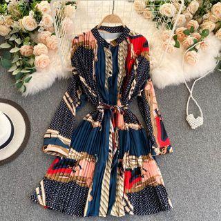 Round-neck Long-sleeve Print Accordion Pleat Dress