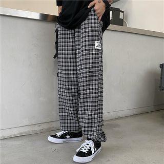 Lettering Patch Plaid Wide Leg Pants