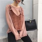 Set: Bell-sleeve See-through Inner + Velvet Lace-up Tank Top