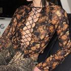 3/4-sleeve Lace-up Print Mesh Crop Top