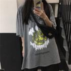 Teeth Print Elbow-sleeve T-shirt