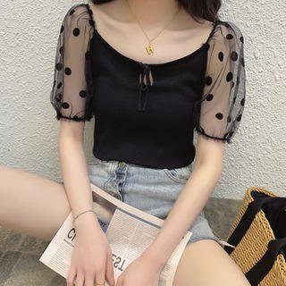 Mesh Dotted Short-sleeve Top