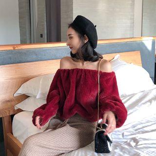 Off-shoulder Fleece Pullover Red - One Size
