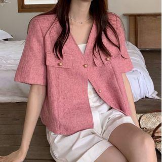 Short-sleeve V-neck Cropped Jacket Pink - One Size