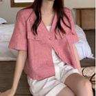 Short-sleeve V-neck Cropped Jacket Pink - One Size