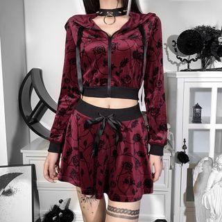 Set: Flower Print Hooded Cropped Jacket + Mini A-line Skirt