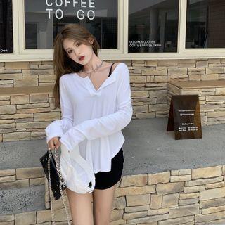 Round-neck Plain Button-up Oversize Top