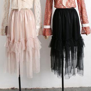 Faux Pearl Frill Trim Midi Mesh Skirt