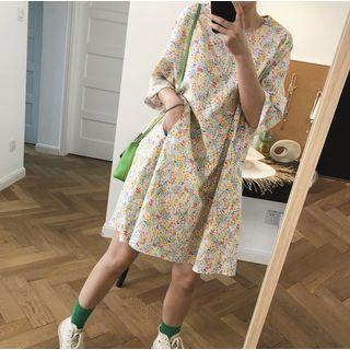 3/4-sleeve Floral-pattern Shift Dress As Shown In Figure - One Size