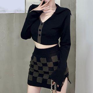 Two-tone Button-up Crop Knit Top / Checkered Mini Pencil Skirt