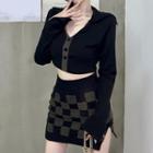 Two-tone Button-up Crop Knit Top / Checkered Mini Pencil Skirt