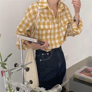 Long-sleeve Plaid Cargo Shirt Yellow - One Size