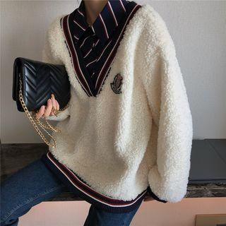 Mock Two-piece School Badge Faux Shearling Pullover