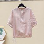 Short-sleeve Asymmetric Striped Button-front Band Collar Blouse