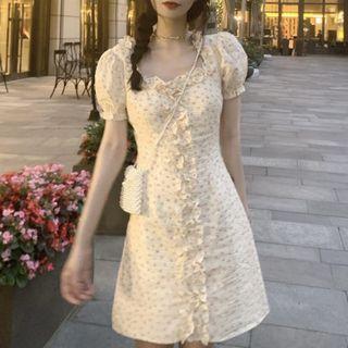 Puff-sleeve Ruffle Trim Floral Mini Dress As Shown In Figure - One Size